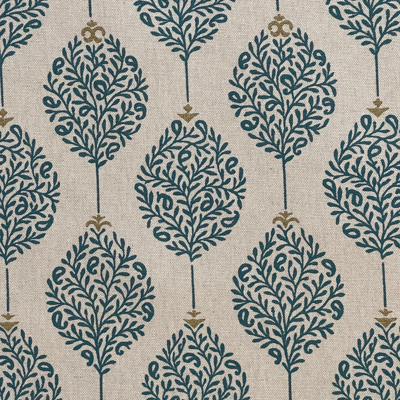 Cotton linen effect fabric with elegant teal leaf motif