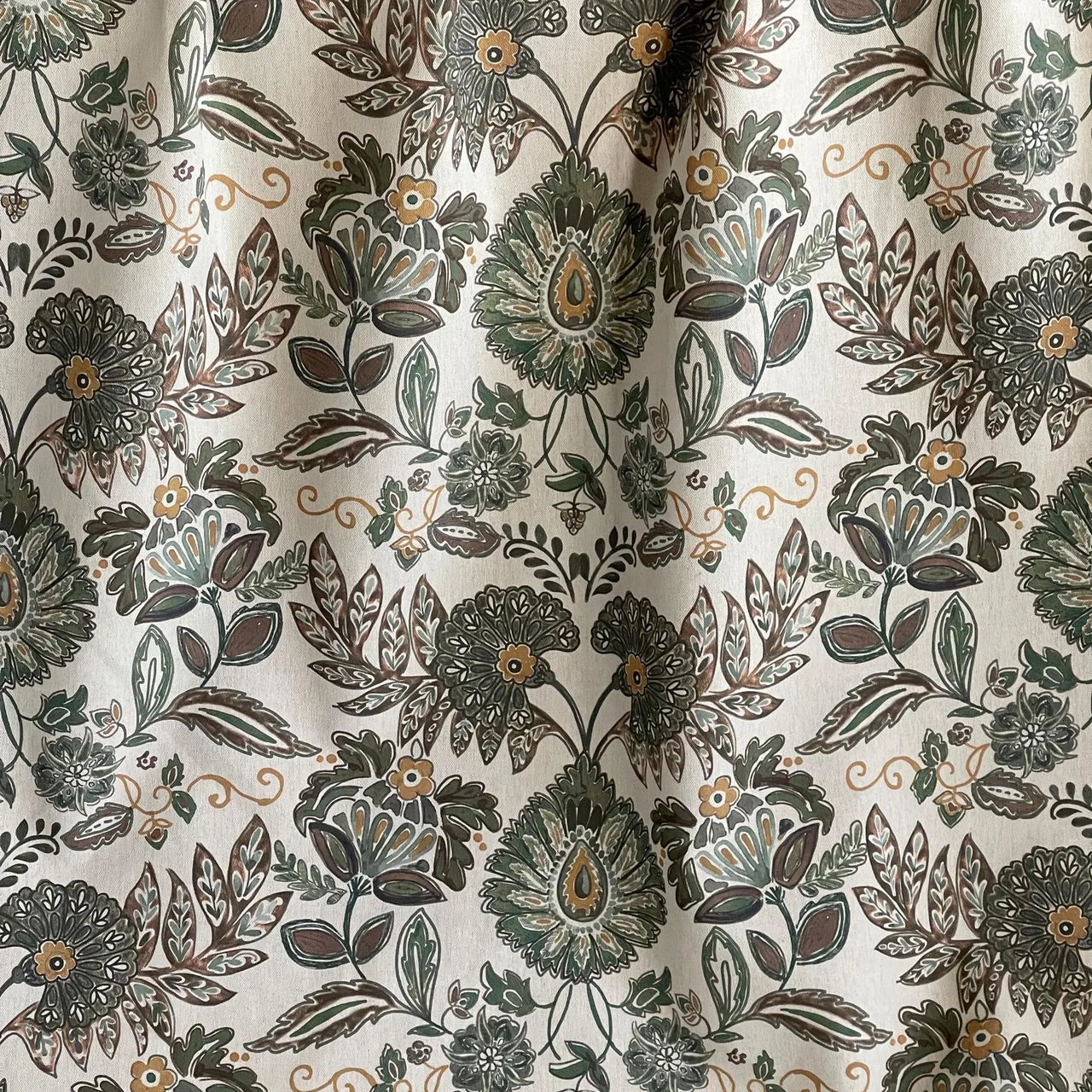 Verdant heirloom floral cotton linen look fabric with heritage botanical pattern