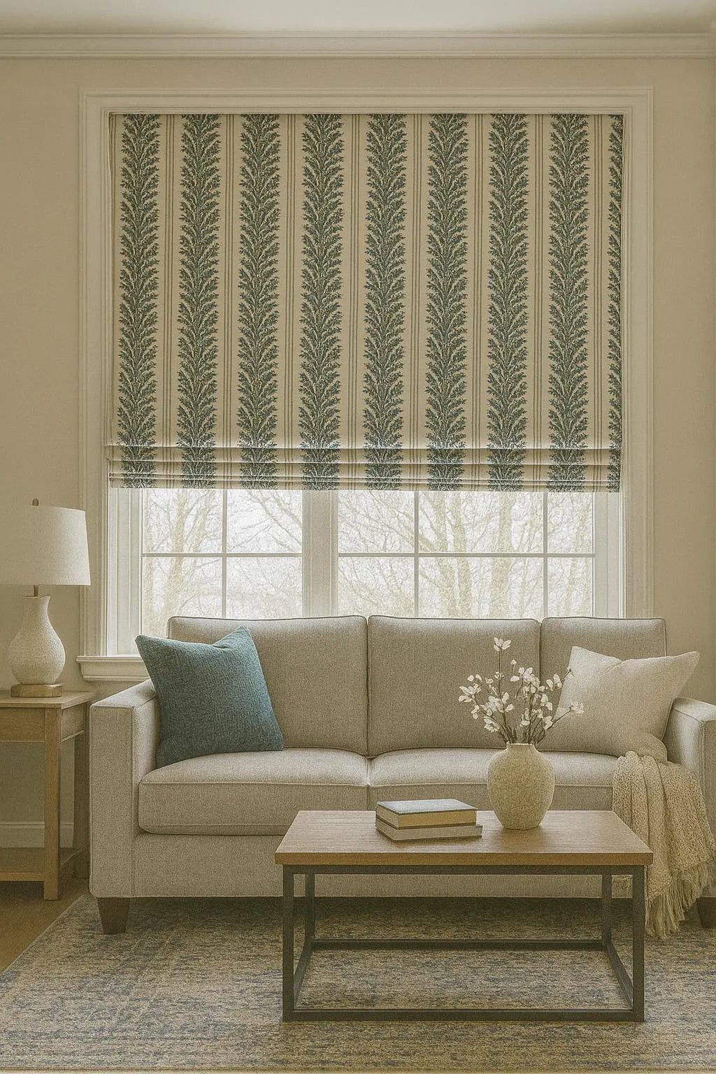 Botanical stripe fabric with detailed fern leaves on cream background