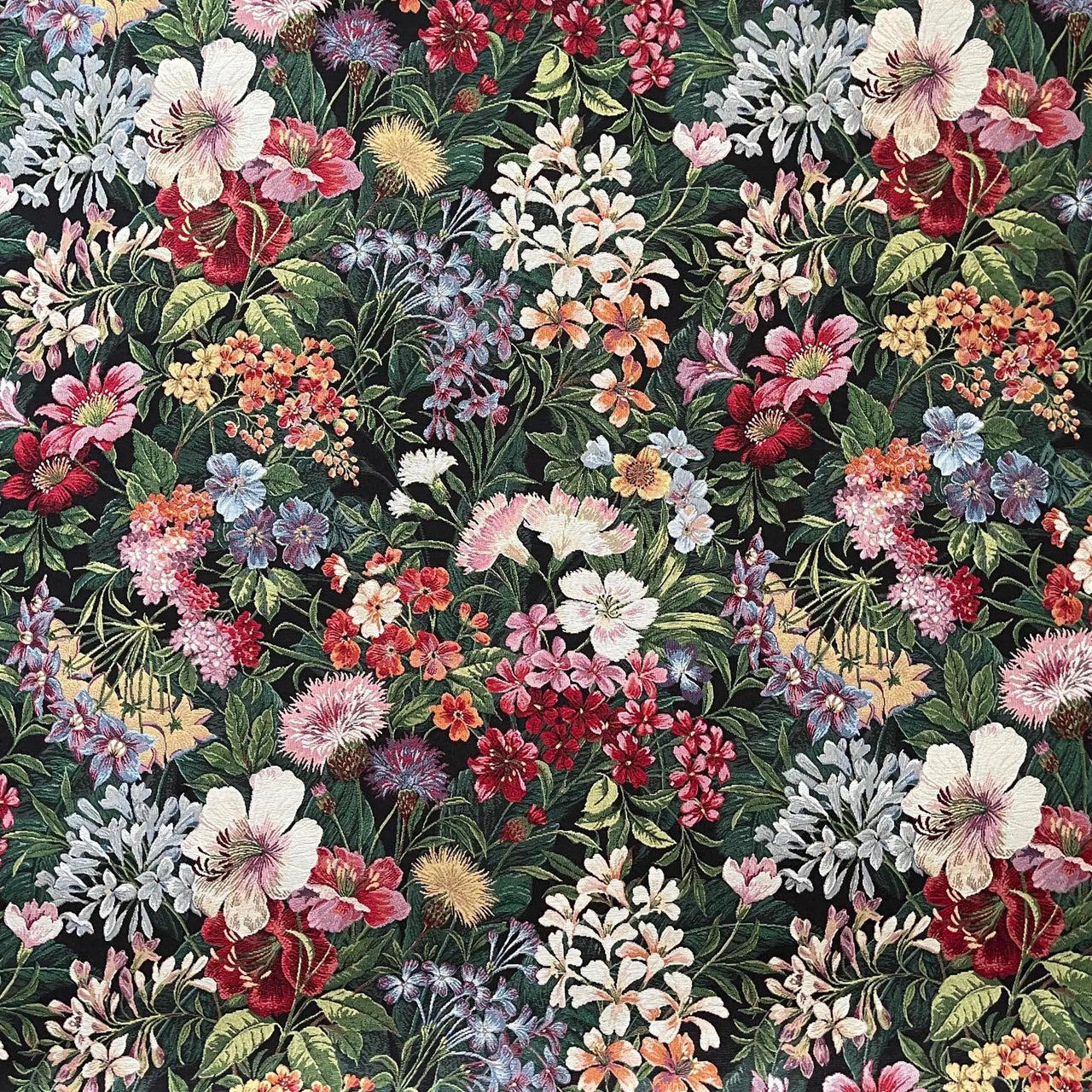 Luxury decorative fabric featuring romantic night-garden floral arrangement.