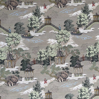 Thumbnail for Pagoda Garden oriental scenic toile fabric with pagodas, bridges, and gardens
