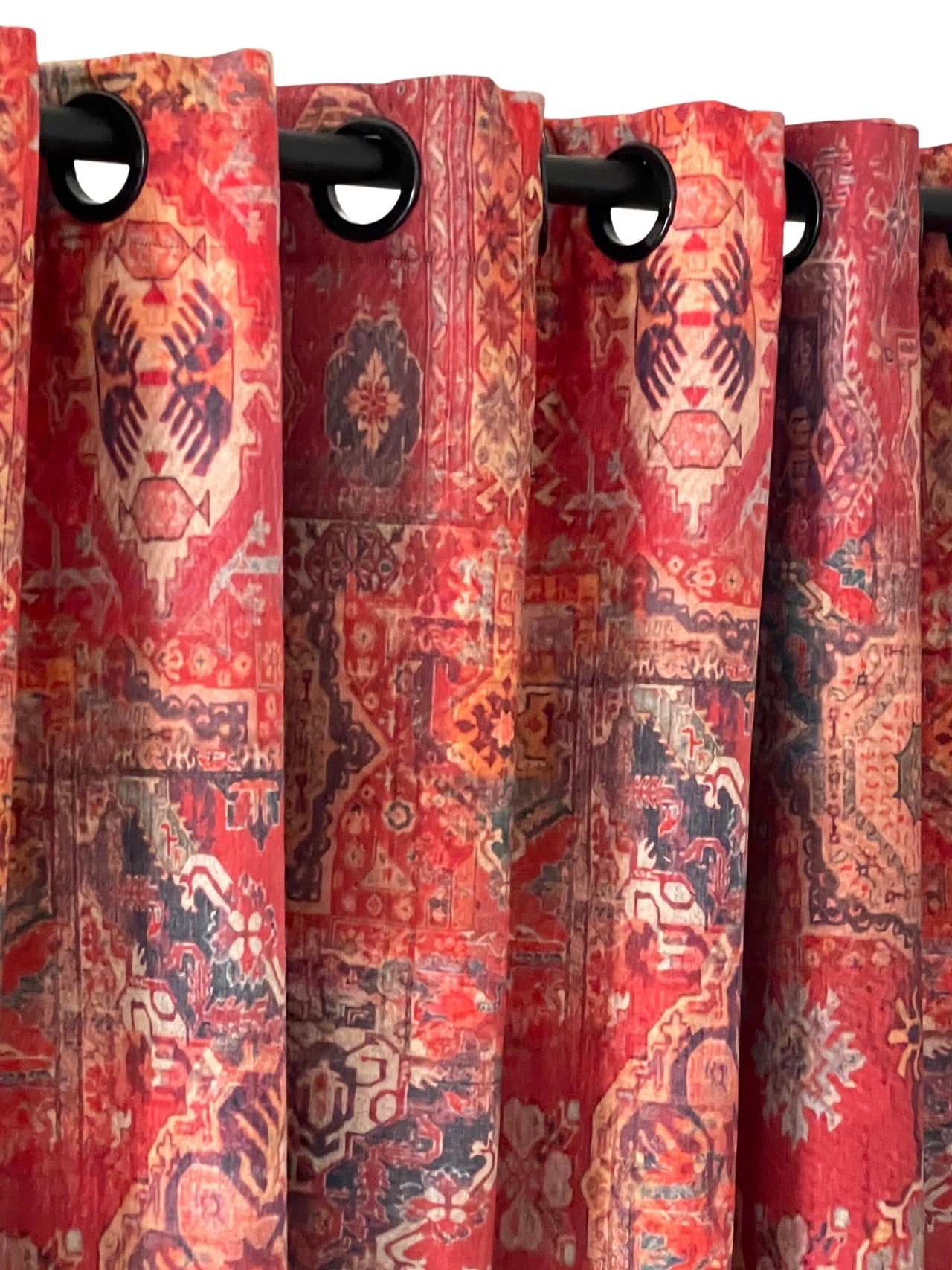 Red tribal geometric cotton fabric for light upholstery.