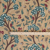 Thumbnail for Golden Cypress botanical upholstery fabric in mustard yellow, featuring green, burgundy, and ivory foliage print, displayed with ruler for scale — ideal for made-to-measure curtains, Roman blinds, cushion covers, and statement soft furnishings in vintage or boho interiors