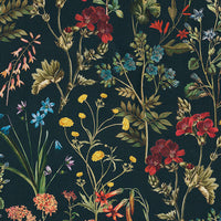 Thumbnail for Black fabric with colorful floral botanical pattern