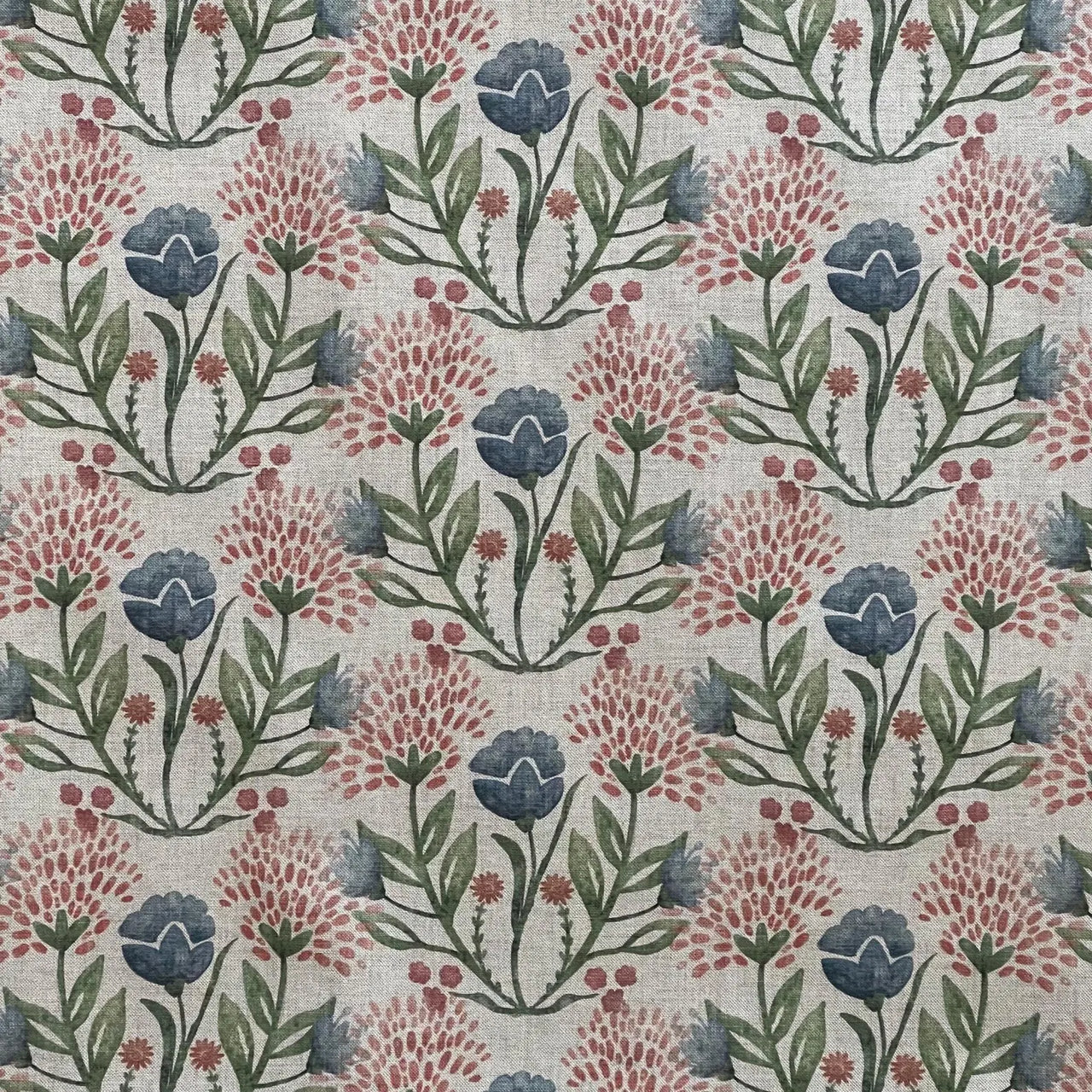 Botanical cotton linen blend fabric with repeating meadow flower pattern