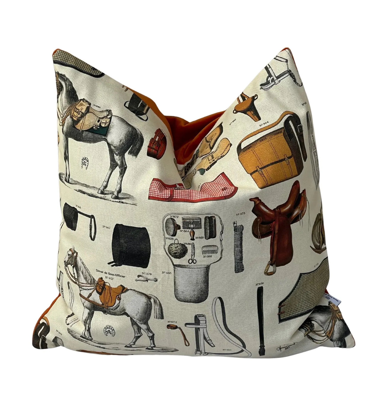 Handmade equestrian cushion cover in horse print cotton with tan velvet back