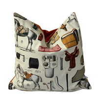 Thumbnail for Handmade equestrian cushion cover in horse print cotton with tan velvet back