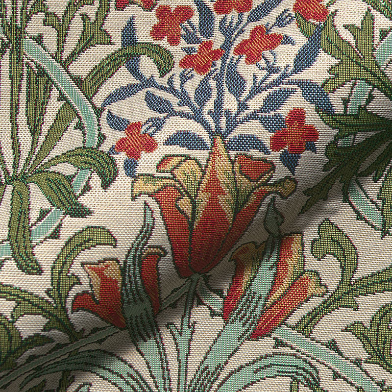 Red and green floral fabric for upholstery projects.