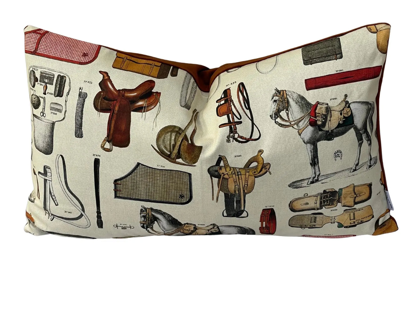 Equestrian horse print cushion cover with cream cotton front and tan velvet back.