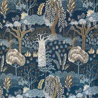 Thumbnail for Baobab Tree of Life fabric in blue, gold, and off-white tones with botanical patterns, ideal for upholstery and curtains