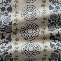 Thumbnail for Decorative navy botanical fabric with repeating medallion circles and leaf motifs