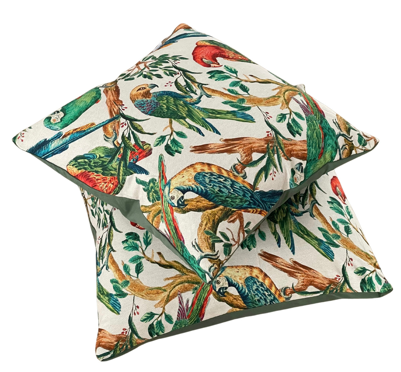 Velvet-backed cushion with parrot design.