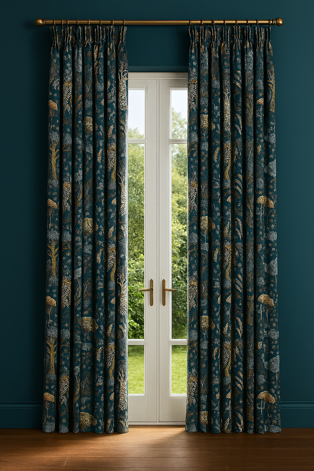 "Elegant living room with floor-length pinch-pleat curtains made of blue-teal Baobab fabric featuring tree and botanical motifs, paired with a wooden floor and large glass door windows showcasing greenery outside