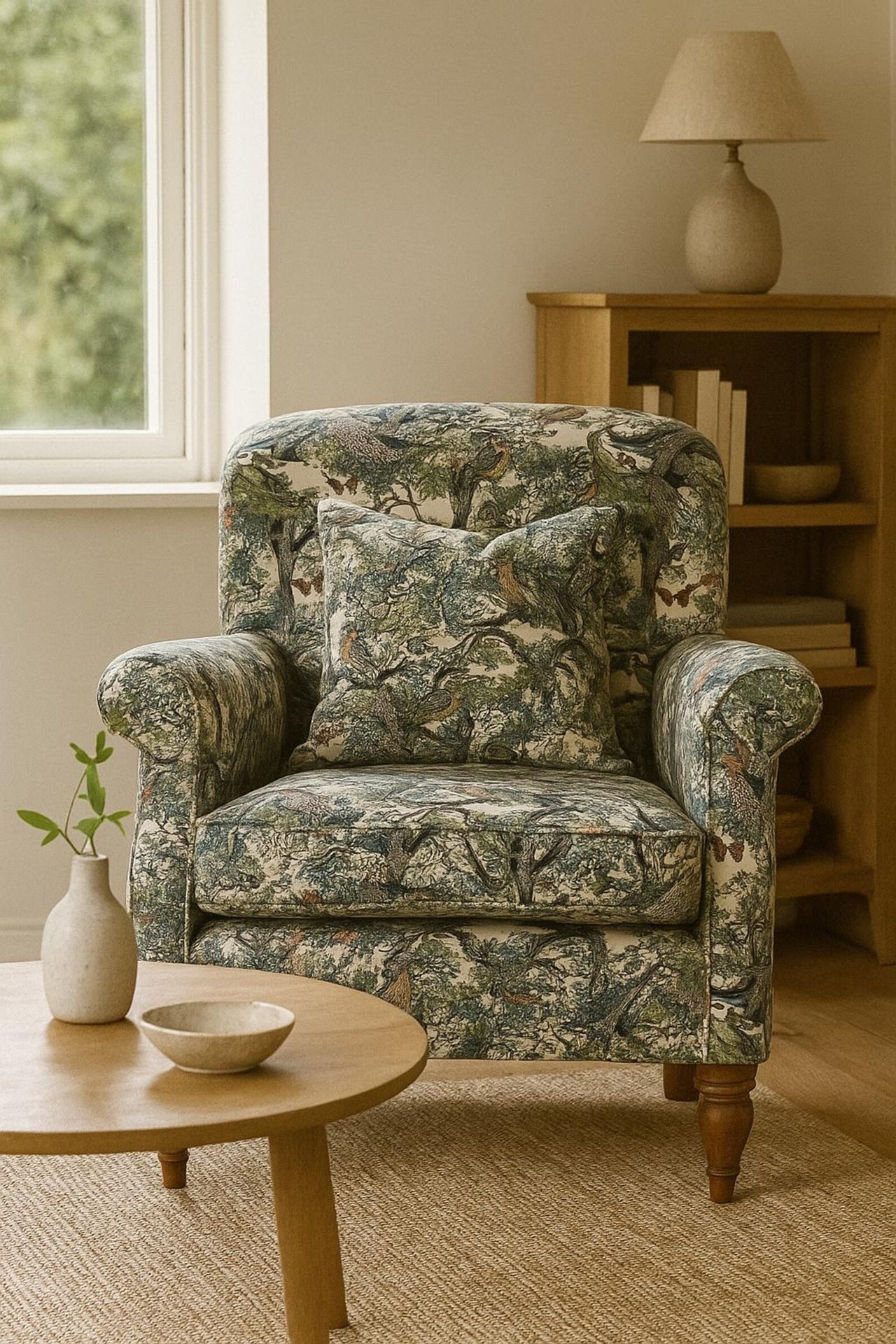Bird and butterfly tapestry fabric with detailed woven forest elements.