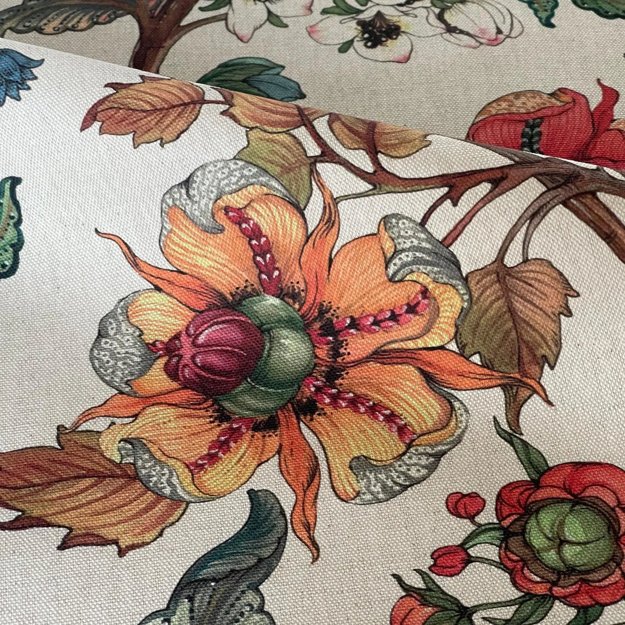 Elegant garden-inspired cotton fabric with linen texture