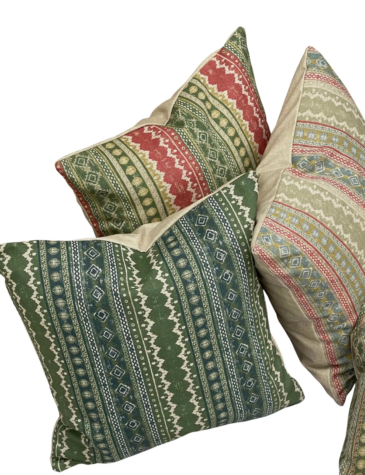 Green and blush stripe cushion cover in linen-look cotton
Kilim-style stripe pillow with blush, blue and ochre tones