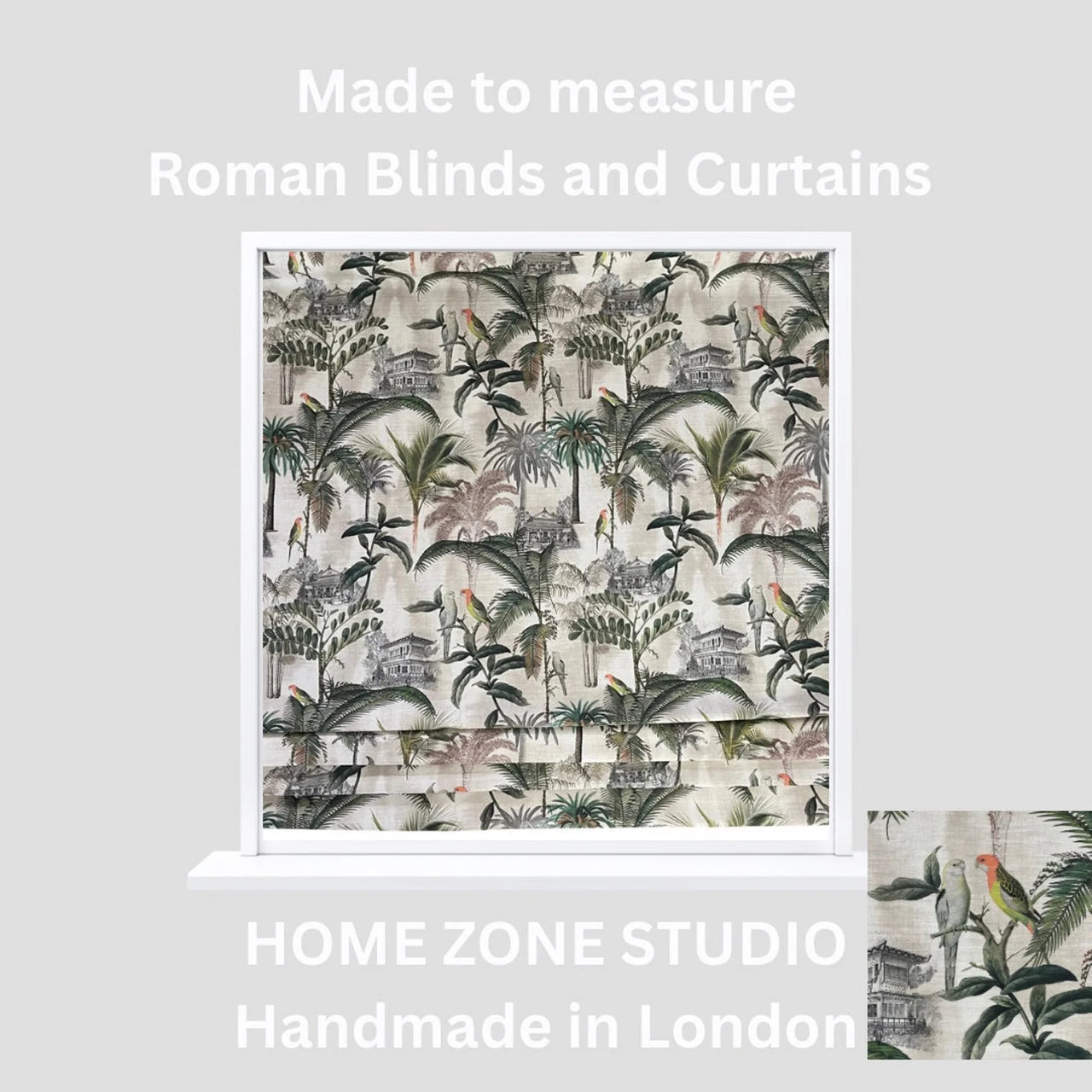 Window with patterned roman blind labeled 'Made to measure Roman Blinds and Curtains' by Home Zone Studio.