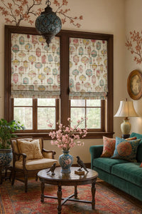Thumbnail for Decorative upholstery fabric featuring lanterns and songbirds