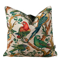 Thumbnail for Handmade cushion with botanical parrot pattern.