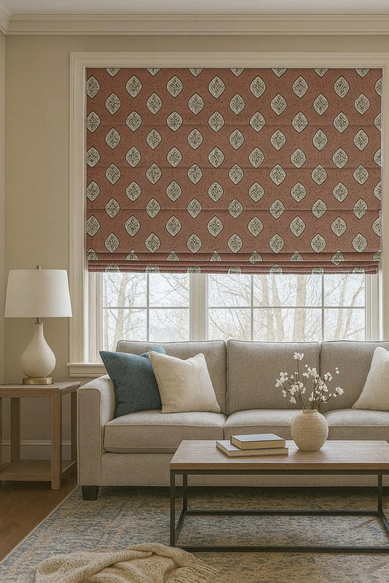 Rose pink interior fabric with traditional floral medallions