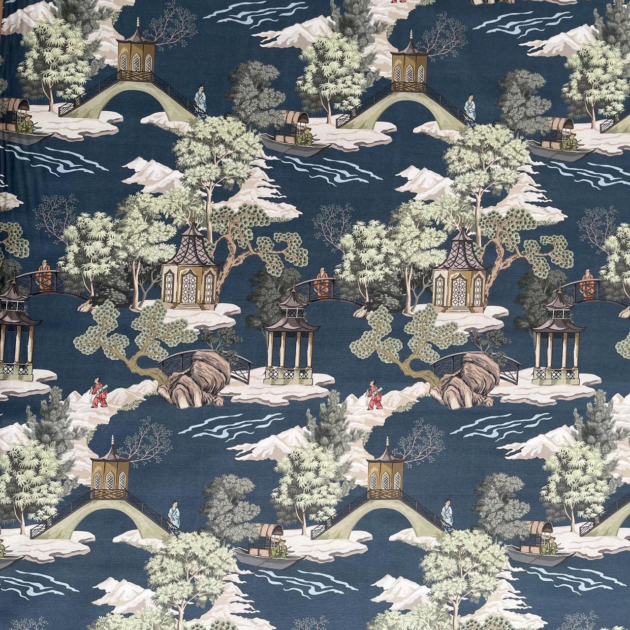 Blue scenic chinoiserie fabric for upholstery and soft furnishings