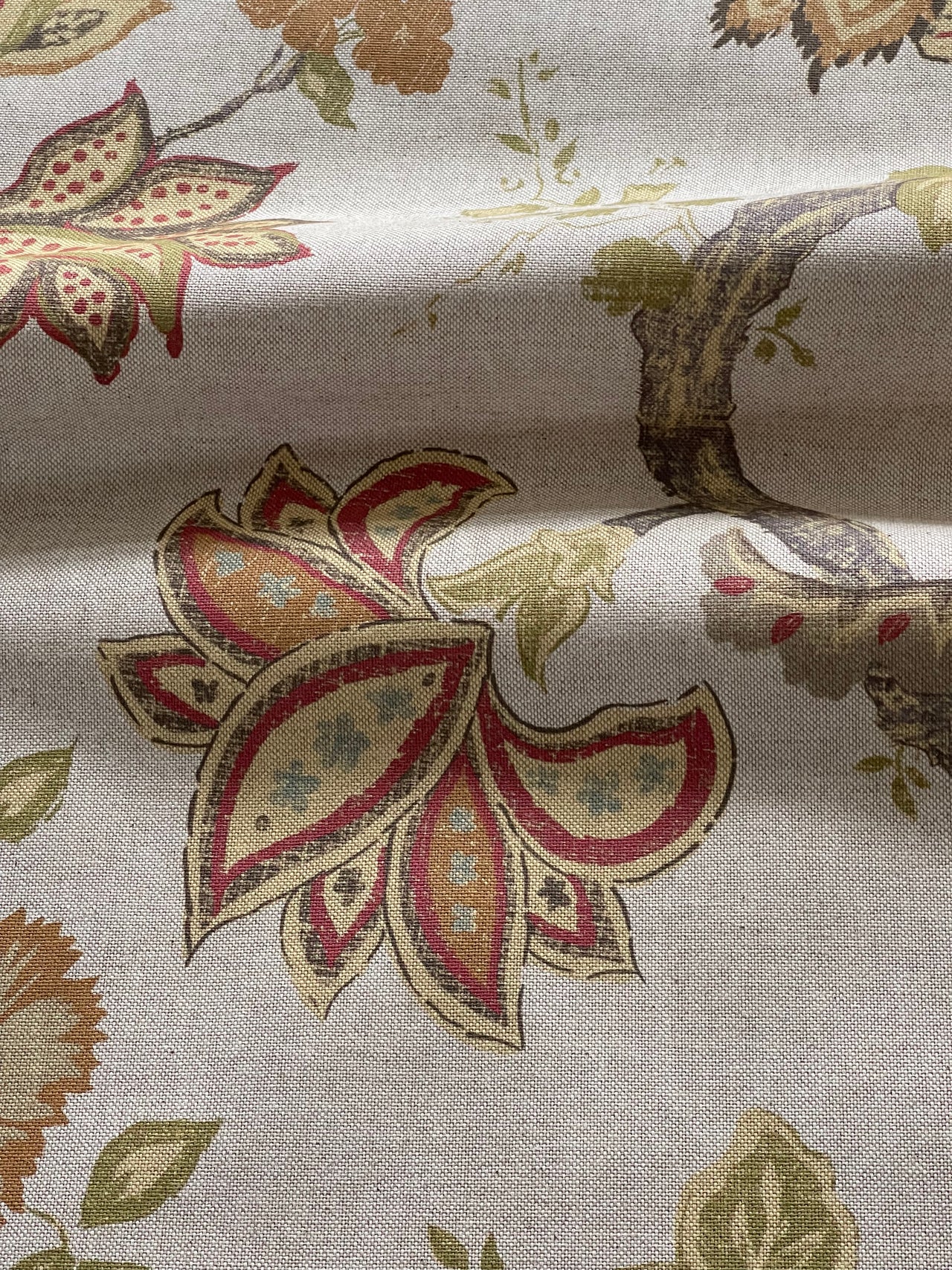 Jacobean floral pattern fabric for farmhouse interiors
