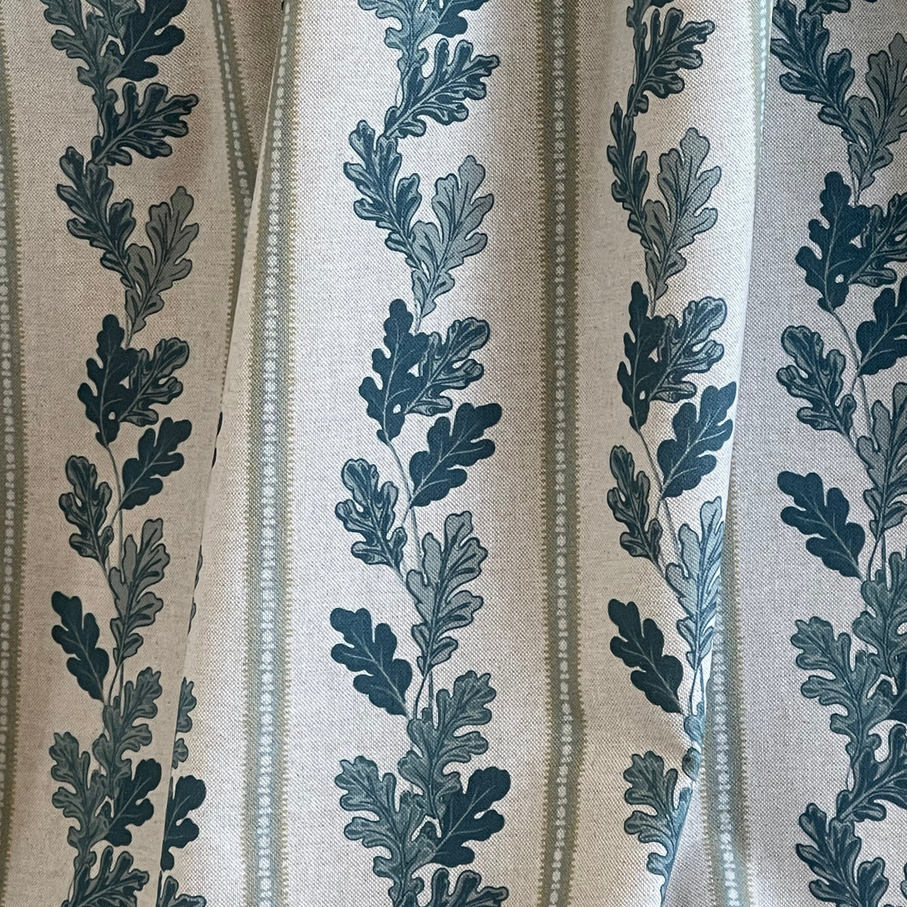 Cotton-linen blend upholstery fabric in blue and green leaf print