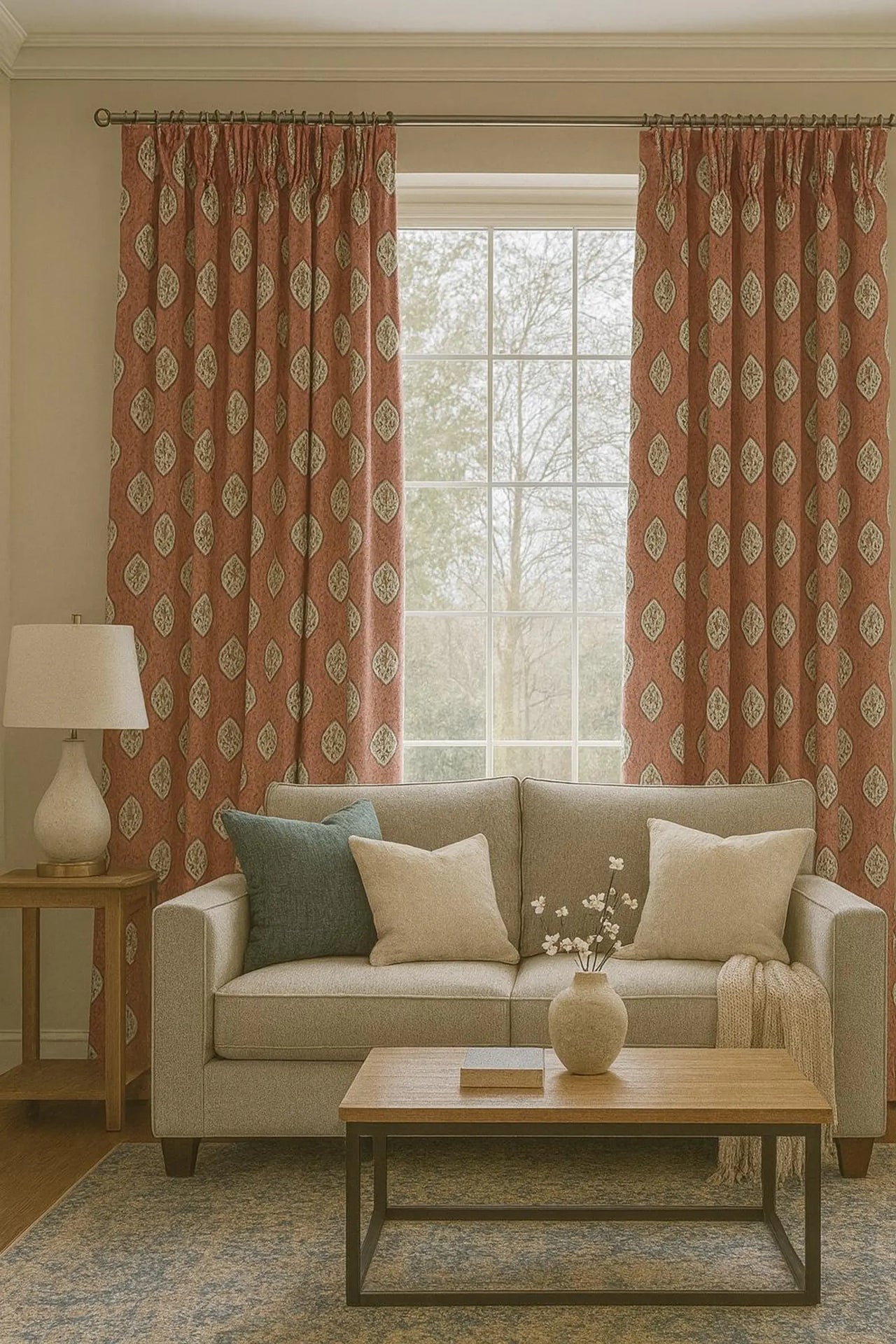 Pink linen look fabric with repeating floral medallion design