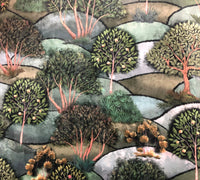 Thumbnail for Textile with nature-themed design featuring trees and plants on a patterned background