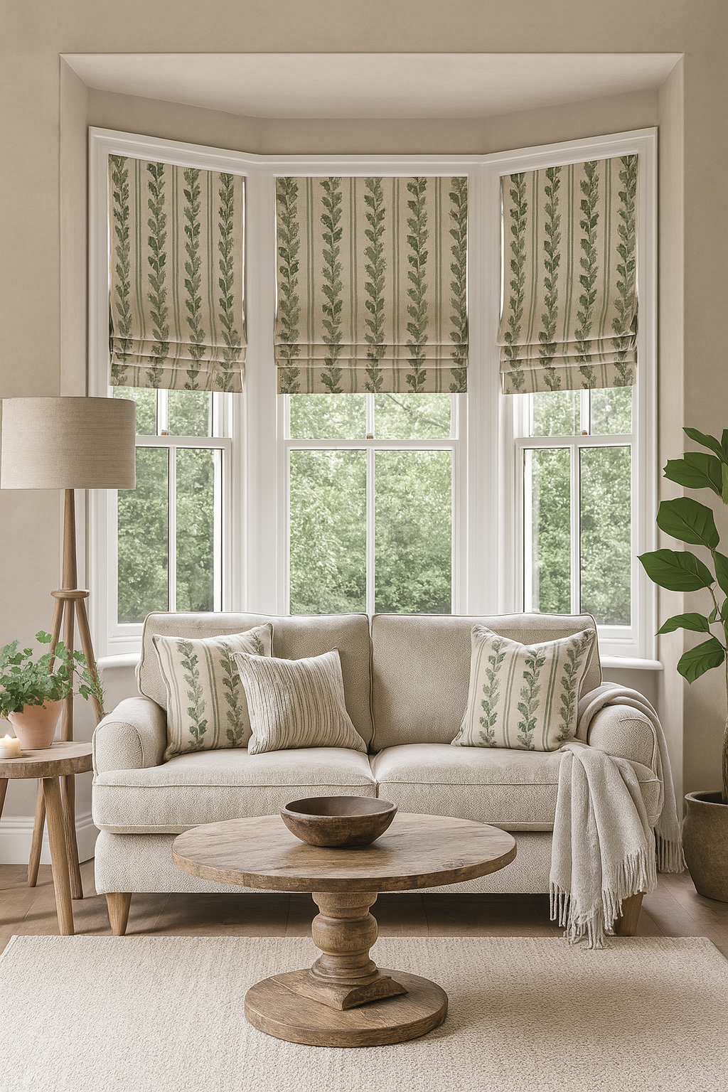 Living room with oak print with vertical green lines fabric Roman Blinds 