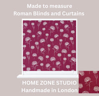 Thumbnail for Red floral patterned Roman blind with 'Made to measure Roman Blinds and Curtains' text on a gray background.