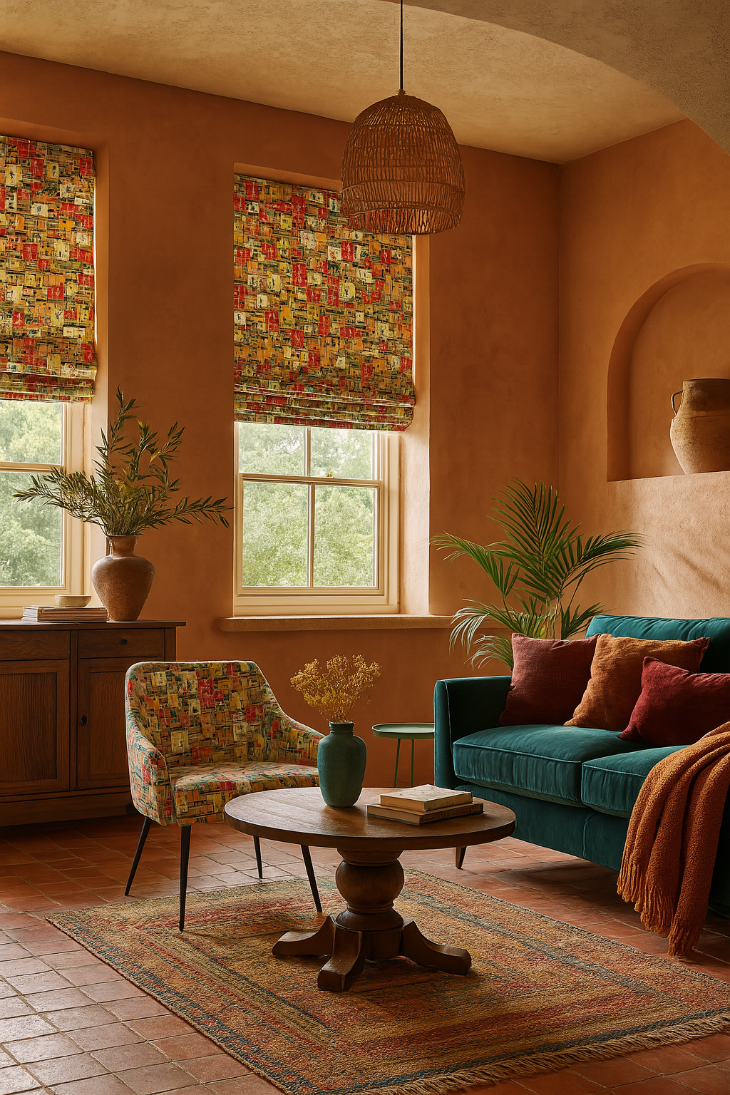 Mediterranean-inspired living room with Roman blinds made from colorful Positano village fabric on two windows