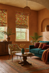 Thumbnail for Mediterranean-inspired living room with Roman blinds made from colorful Positano village fabric on two windows