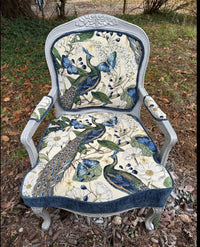 Thumbnail for Decorative chair with peacock and butterfly pattern on a grassy background