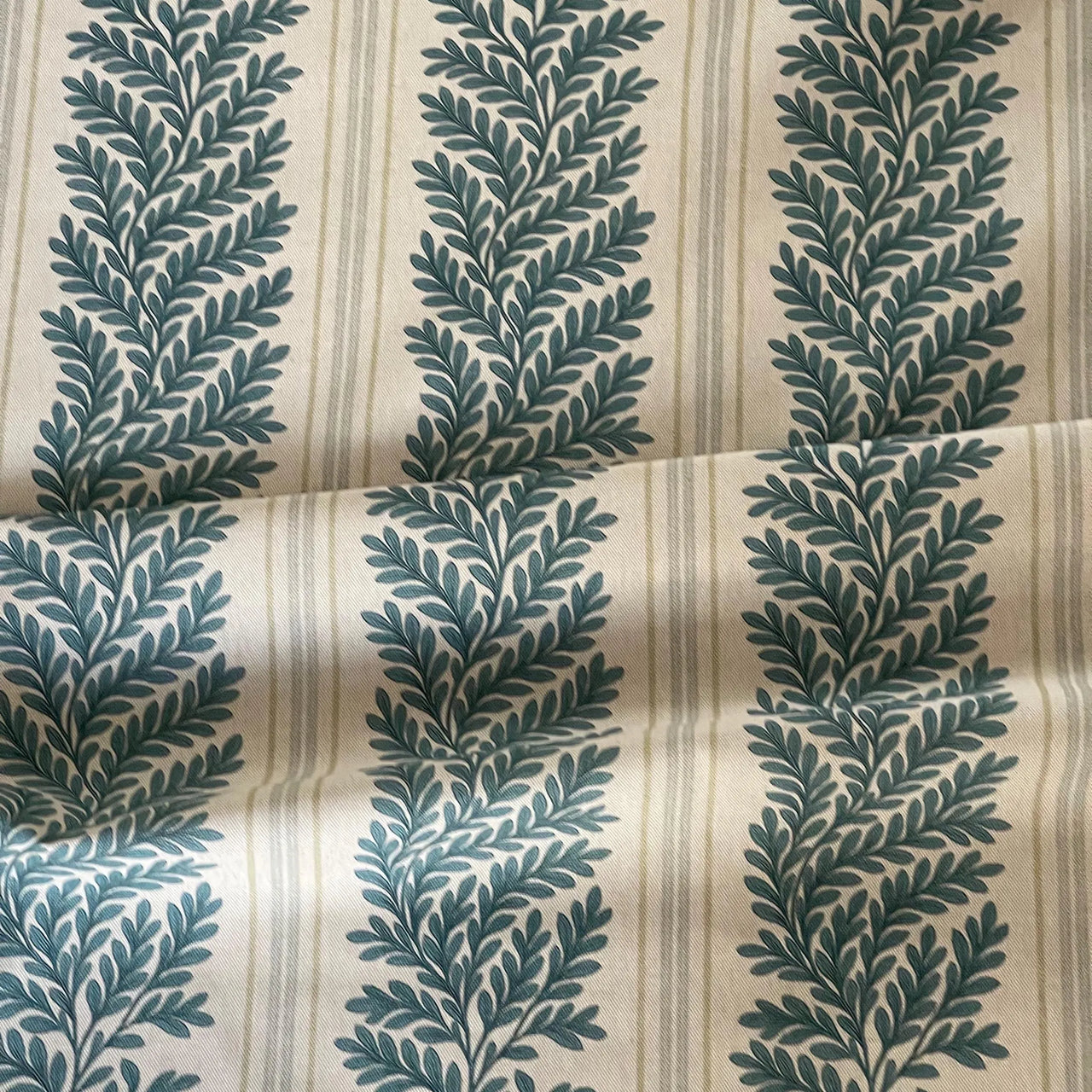 Sage green fern stripe cotton linen look fabric with classic botanical design