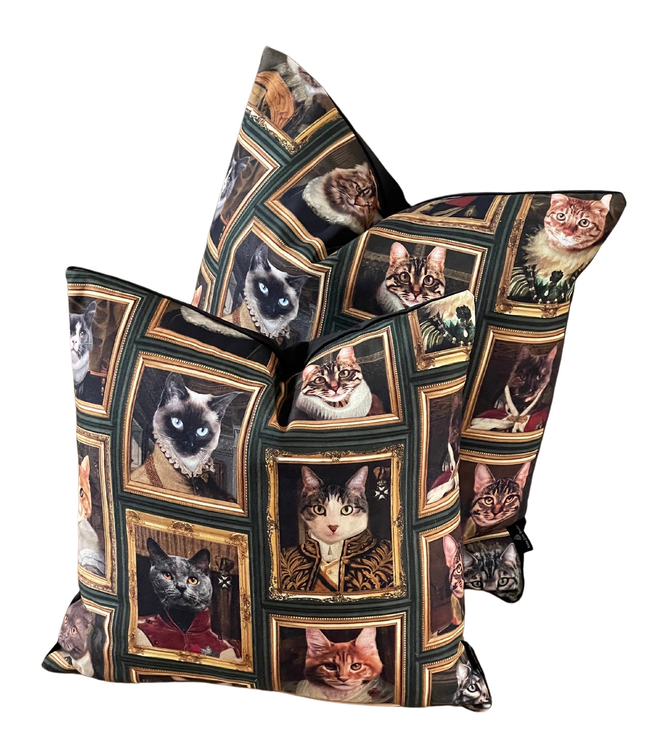 Pillow close-up with detailed Renaissance-style cat print