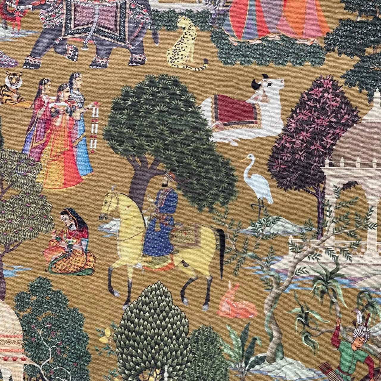 Mustard base cotton fabric with hunter design