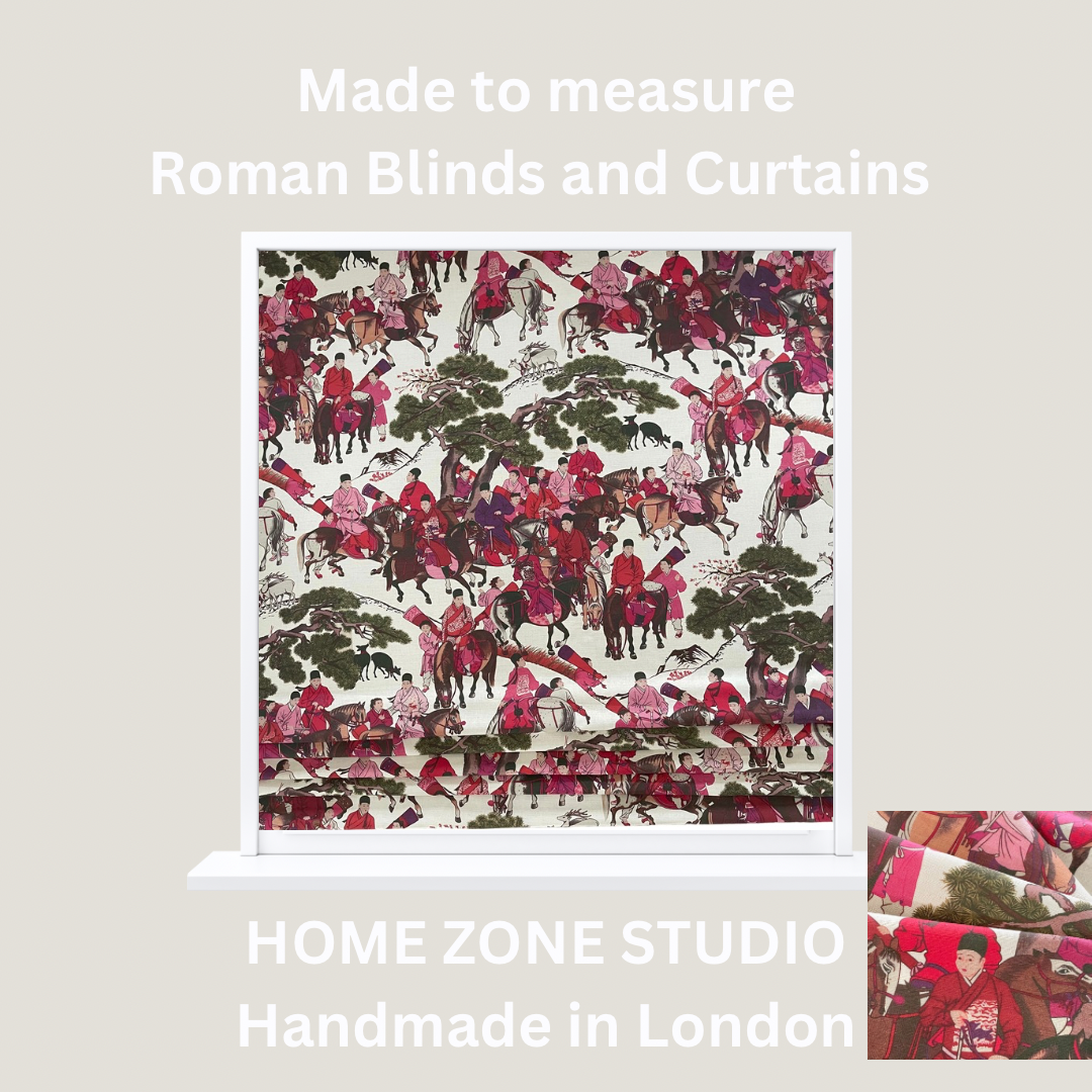 Cultural Asian fabric print with horses and characters in red and pink