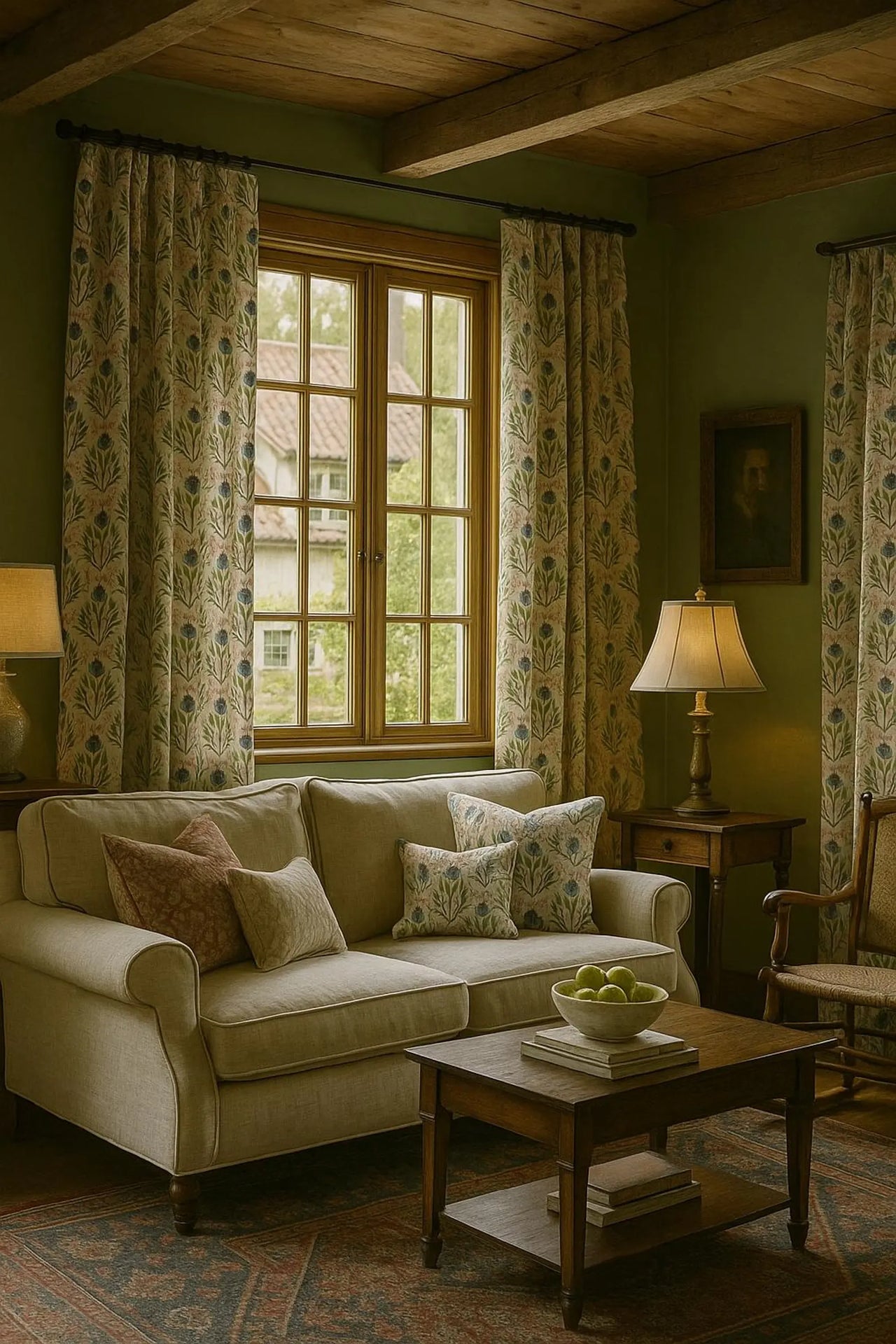 Natural cotton linen fabric with stylised meadow flowers and foliage