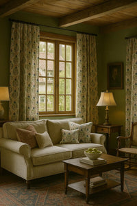 Thumbnail for Natural cotton linen fabric with stylised meadow flowers and foliage