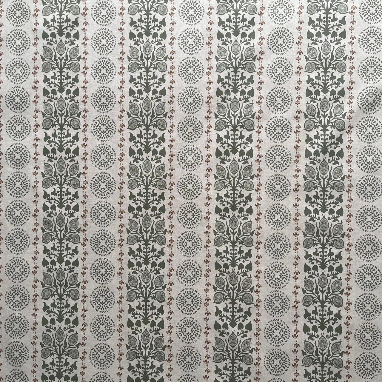 Elegant folk botanical upholstery fabric with vertical stripe medallion pattern