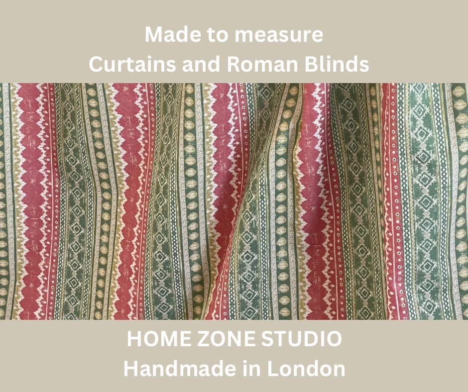 Textured fabric with patterns and 'Made to measure Curtains and Roman Blinds' text, Home Zone Studio branding.