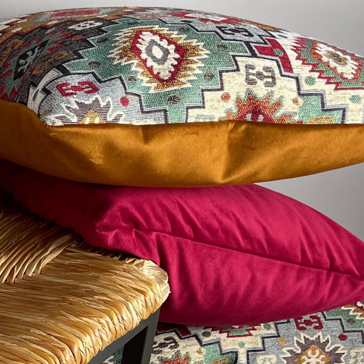 Woven Kilim decorative pillow with rich colors.