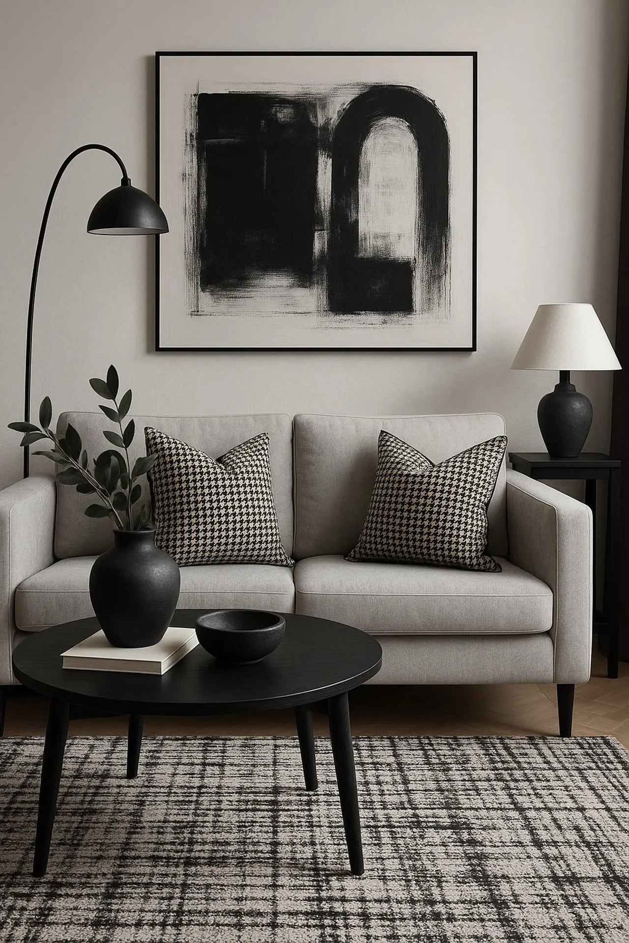 Monochrome houndstooth pillow on beige sofa, modern Scandinavian living room styling.