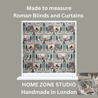 Thumbnail for Roman blind with patterned design on a gray background, featuring text about Home Zone Studio.