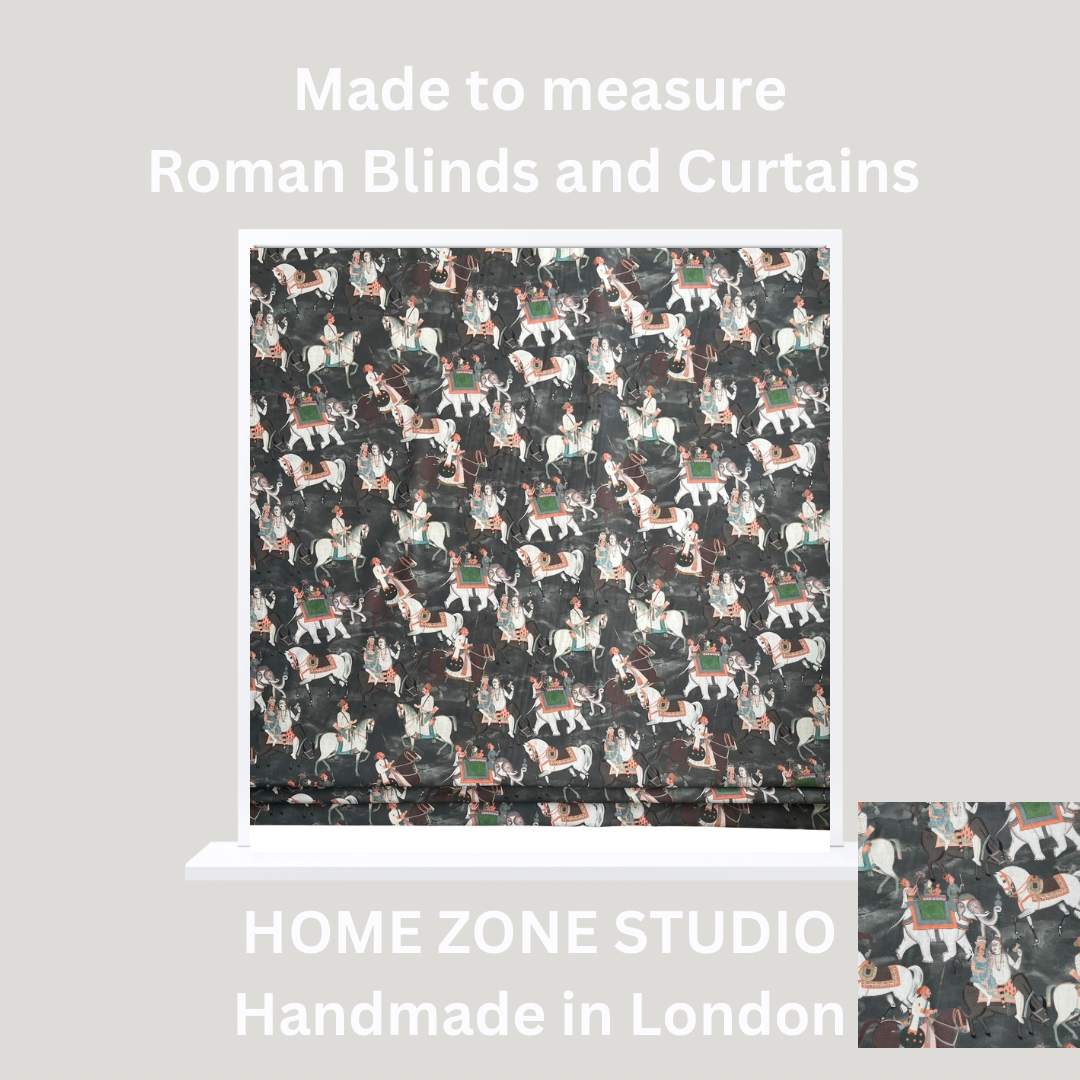 Patterned roman blind with 'Made to measure Roman Blinds and Curtains' text and 'Home Zone Studio' branding.