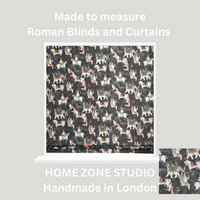 Thumbnail for Patterned roman blind with 'Made to measure Roman Blinds and Curtains' text and 'Home Zone Studio' branding.