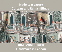 Thumbnail for Decorative curtains with artistic design on a gray background, featuring text about Home Zone Studio.