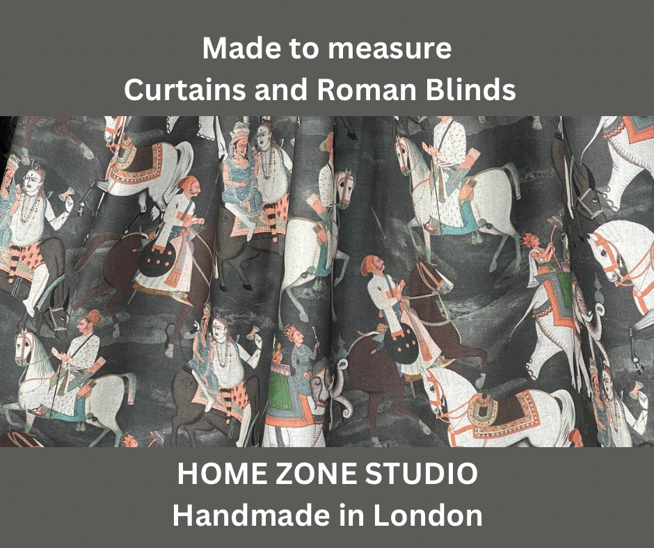 Curtains with historical scene design and 'Made to measure Curtains and Roman Blinds' text, featuring 'HOME ZONE STUDIO' branding.