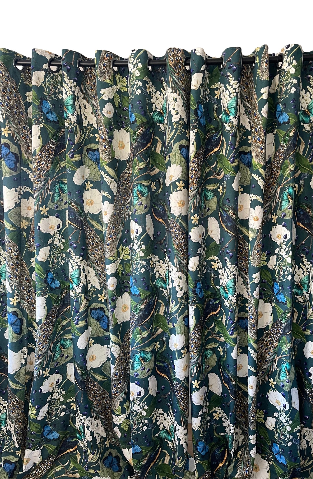 Teal Peacock Pair of Curtains - Pencil Pleat or Eyelet - Custom Made Drapes / Home Decor - Nature-Inspired Window Treatments